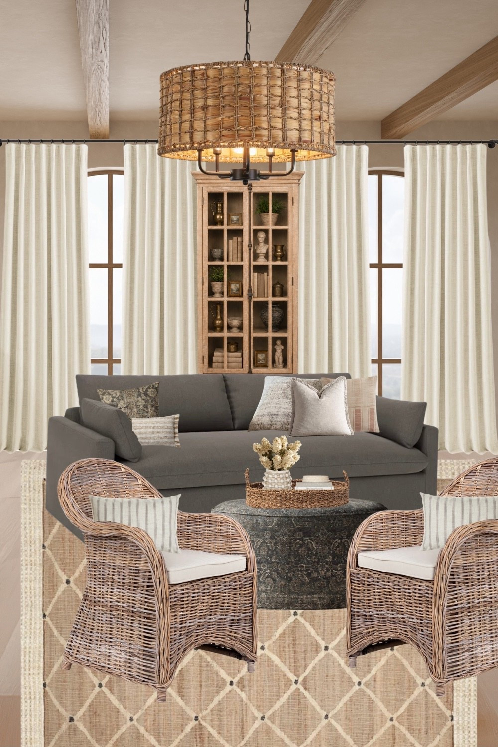 This living room came together with so much warmth and texture. 

I really wanted this space to feel cozy and elevated at the same time, so I layered in organic textures, warm wood tones, soft neutral fabrics, woven accents, and collected vintage-inspired details that make the room feel inviting instead of overly styled.

The wicker chairs, oversized woven chandelier, linen drapery, and earthy layered textiles all work together to create that relaxed, lived-in feeling I’m always drawn to.
I love spaces that feel timeless and beautiful but still comfortable enough for everyday life, and this room has such a calm cozy feel to it.

I linked everything here (and some similar finds) if you’re wanting to recreate this cozy collected living room look in your own home.

#LTKHome