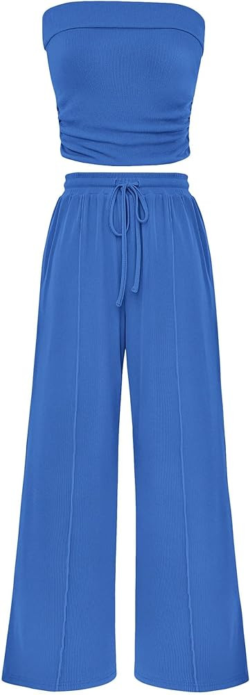 PRETTYGARDEN Womens Summer Outfits 2 Piece Sets Casual Ribbed Knit Crop Tube Top Wide Leg Pants S... | Amazon (US)