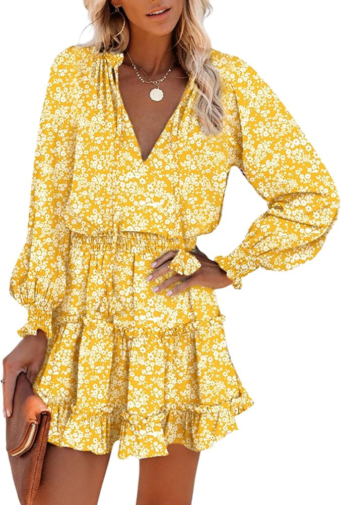 Dokotoo Spring Dresses for Women 2026 Boho Floral Drawstring V Neck Smocked Long Sleeve Ruffle Ti... | Amazon (US)