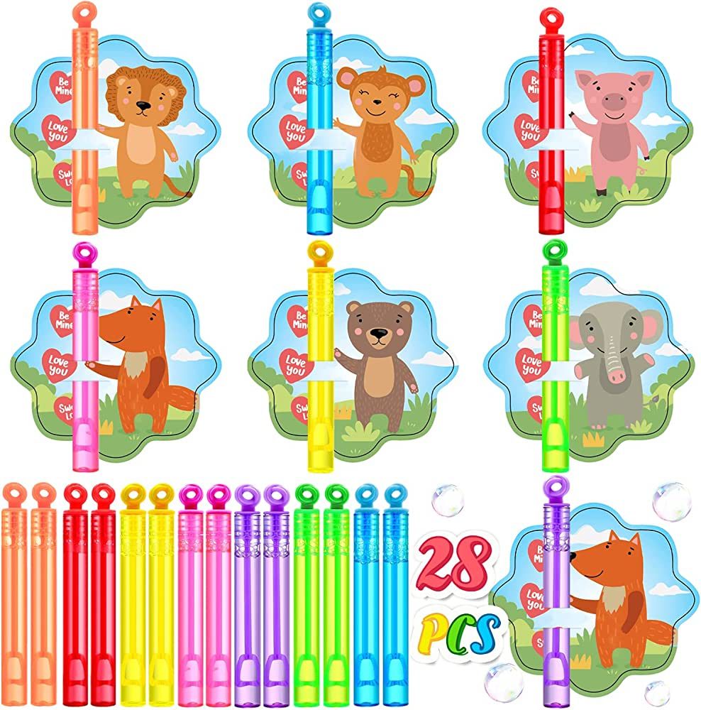 Valentines Day Gifts for Kids, 28 Pack Mini Bubble Wands with Animal Themes Valentines Cards for ... | Amazon (US)