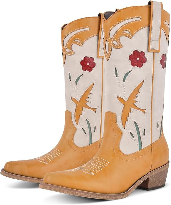 sexytag Women's Floral Embroidered Western Cowboy Boots Two-Tone Cowgirl Boots Pointed Toe Mid Ca... | Amazon (US)