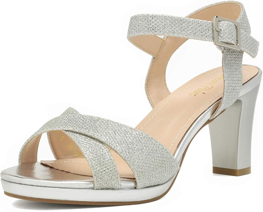 DREAM PAIRS Women’s Open Toe Ankle Strap Sparkly Strappy Chunky Heel Pump Sandals | Amazon (US)