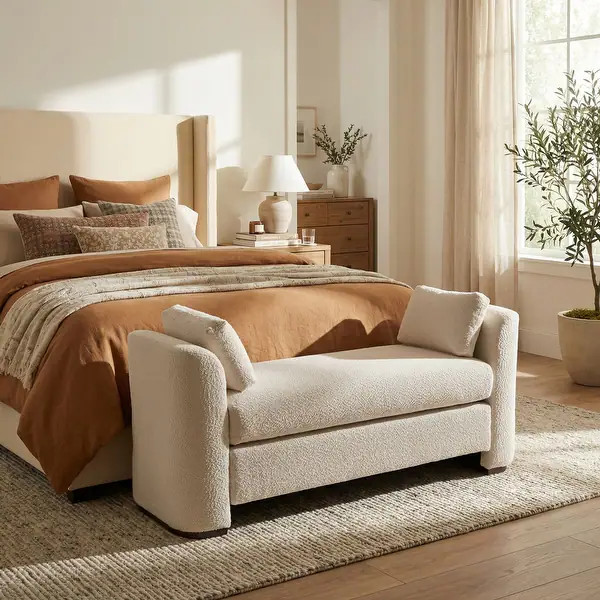 Lunara Contemporary Upholstered Bench with Decorative Pillows and Rubber Wood Legs - Bed Bath & B... | Bed Bath & Beyond