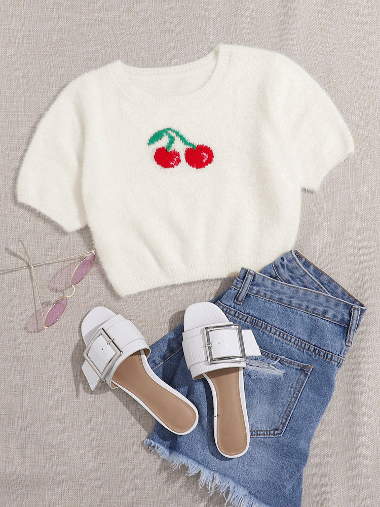 Cherry Fuzzy Crop Knit Top | SHEIN
