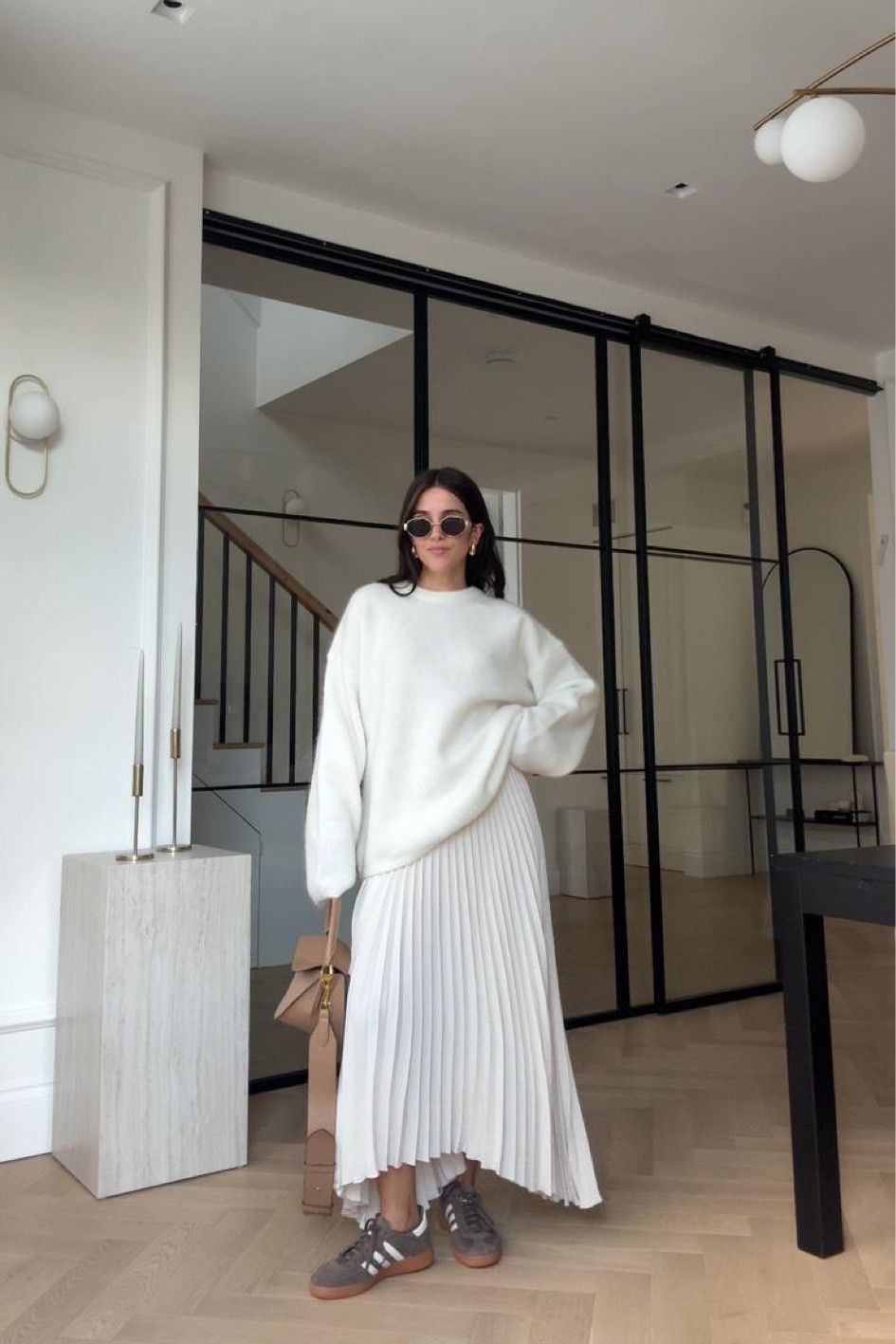 Autumn Outfit/ Fall Fashion / Day to Night / Casual Outfit / White Jumper / Chunky Knits / H&M Jumper / Oversized Jumper / White Pleated Skirt / Modest Style / Mom / Oval Sunglasses / Brown Trainers / Adidas Spezials / London 

#LTKautumn #LTKuk #LTKeurope