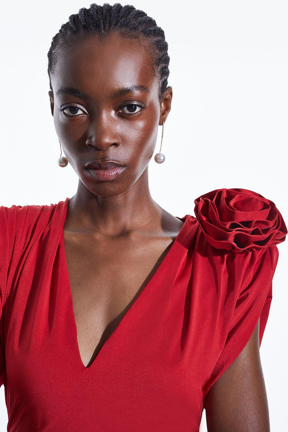 Jersey Rosette Strong Shoulder Bodysuit | Karen Millen US