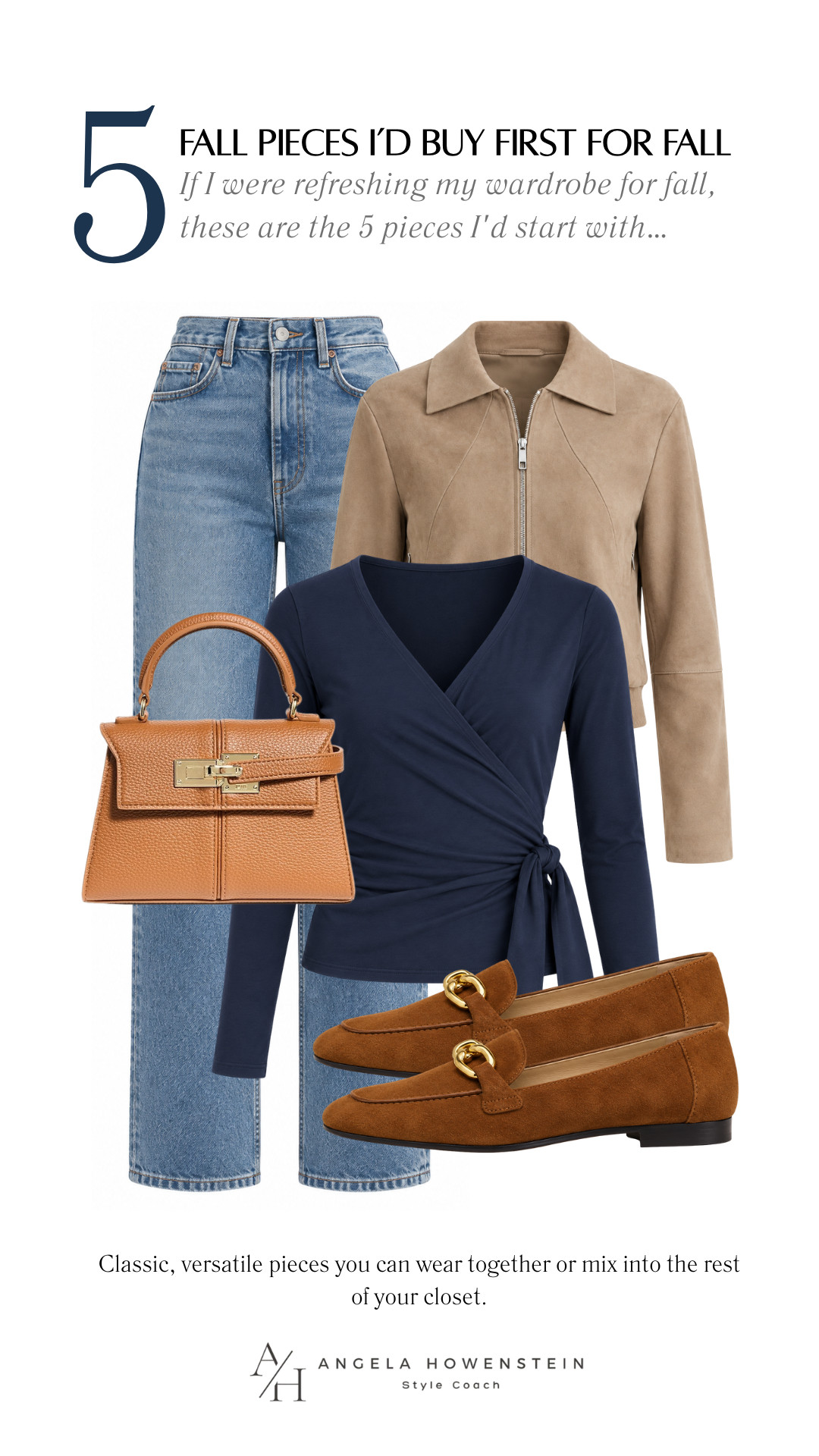 If I were refreshing my wardrobe for fall, these are the 5 pieces I’d buy first. Great denim, a neutral jacket, a versatile navy top, a beautiful cognac bag, and classic brown loafers give you so many outfit combinations.

👩‍💻 LTK PRO TIPS
❤️ Heart = Support my posts ;-)
🔖 Save = Get sale & restock alerts for the things you love!
📋 Lists = Keep favorites organized (List ideas: Christmas, Birthdays, and Vacations!)
📲 Share = Send lists and products to a friend (or your daughters like me).
💬 Comment = Ask me anything, and I’ll answer. ;-) 

 #LTKootd #LTKSeasonal #LTKOver40