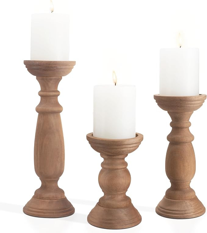 Rustic Wooden Pillar Candle Holders Set of 3, 12'' 9'' 6'' Farmhouse Wood Candle Stand for Table ... | Amazon (US)