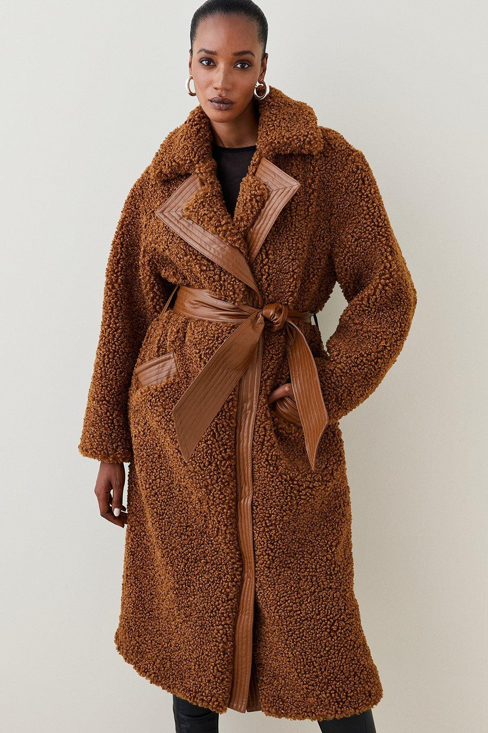 Teddy Longline PU Belted Coat | Karen Millen US