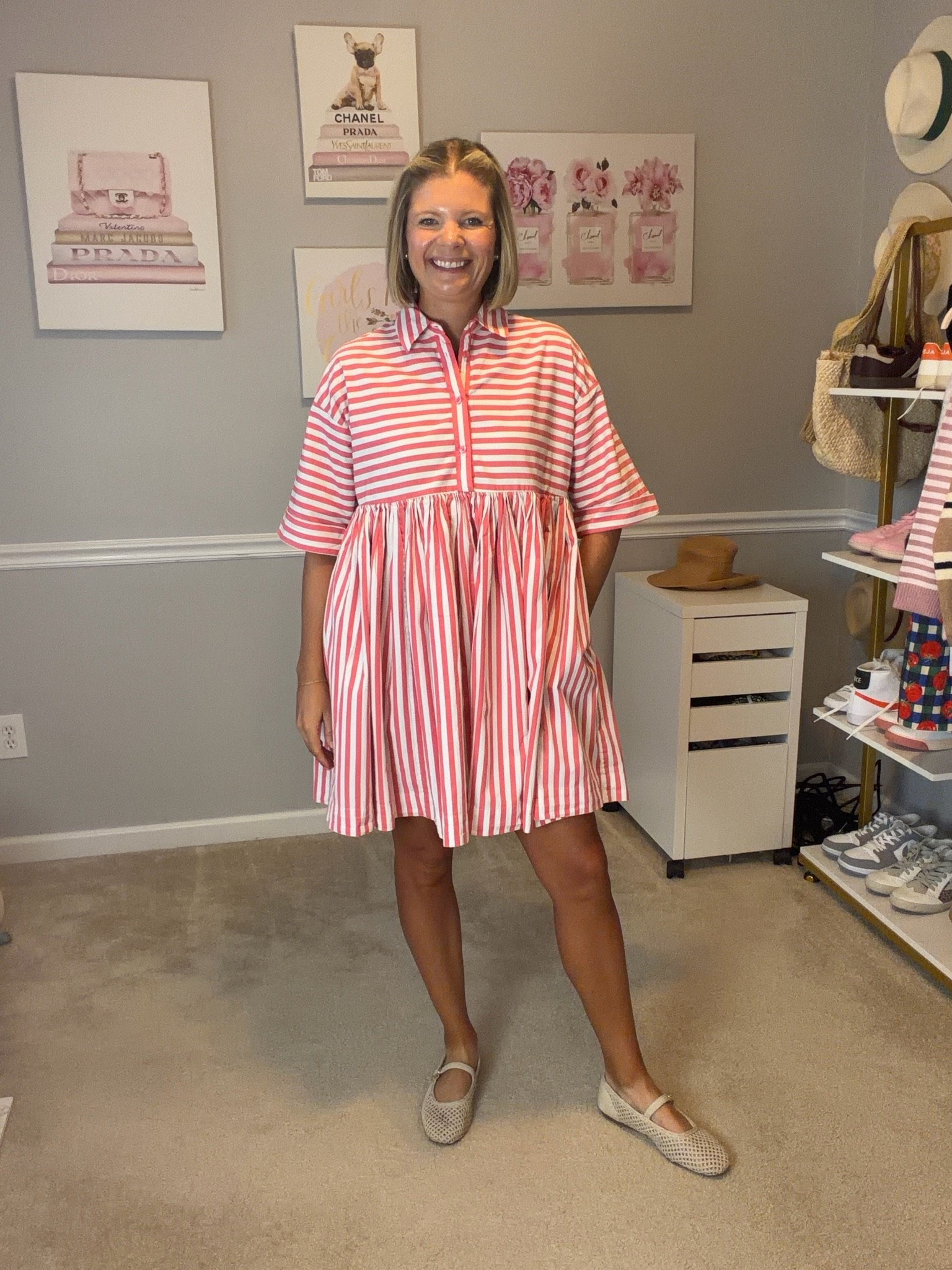 Pink and white stripped babydoll style dress with pockets TTS
Via Rent the Runway (Kate Spade Julia Stripped Swing Shirtdress)

#LTKMidsize #LTKOver40 #LTKWorkwear