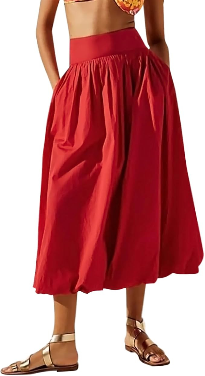 Women Y2k Bubble Maxi Skirt Summer Elastic Low Waist A Line Long Skirt Casual Fairy Ruffle Pleate... | Amazon (US)