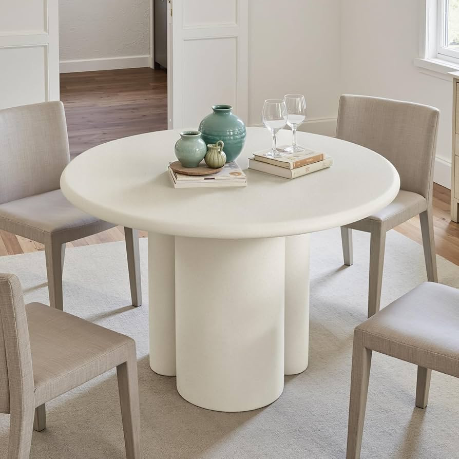 45" Modern Round Dining Table for 4, White Circle Dining Room Table with Matte Concrete, Pedestal... | Amazon (US)