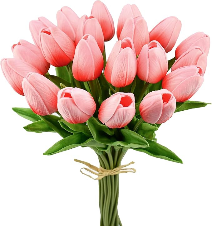 Mandy's Artificial Tulips 20 Stems Coral PU Faux Flowers for Valentine's Day and New Year Decorat... | Amazon (US)