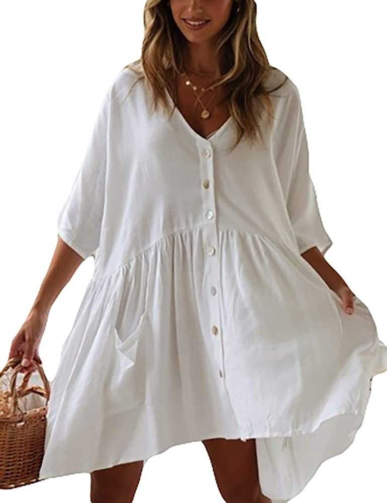 Bsubseach Women Casual Swimsuit Cover Up Blouses Button Down Beach Tunic Dress Bathing Suit Coverup | Amazon (US)