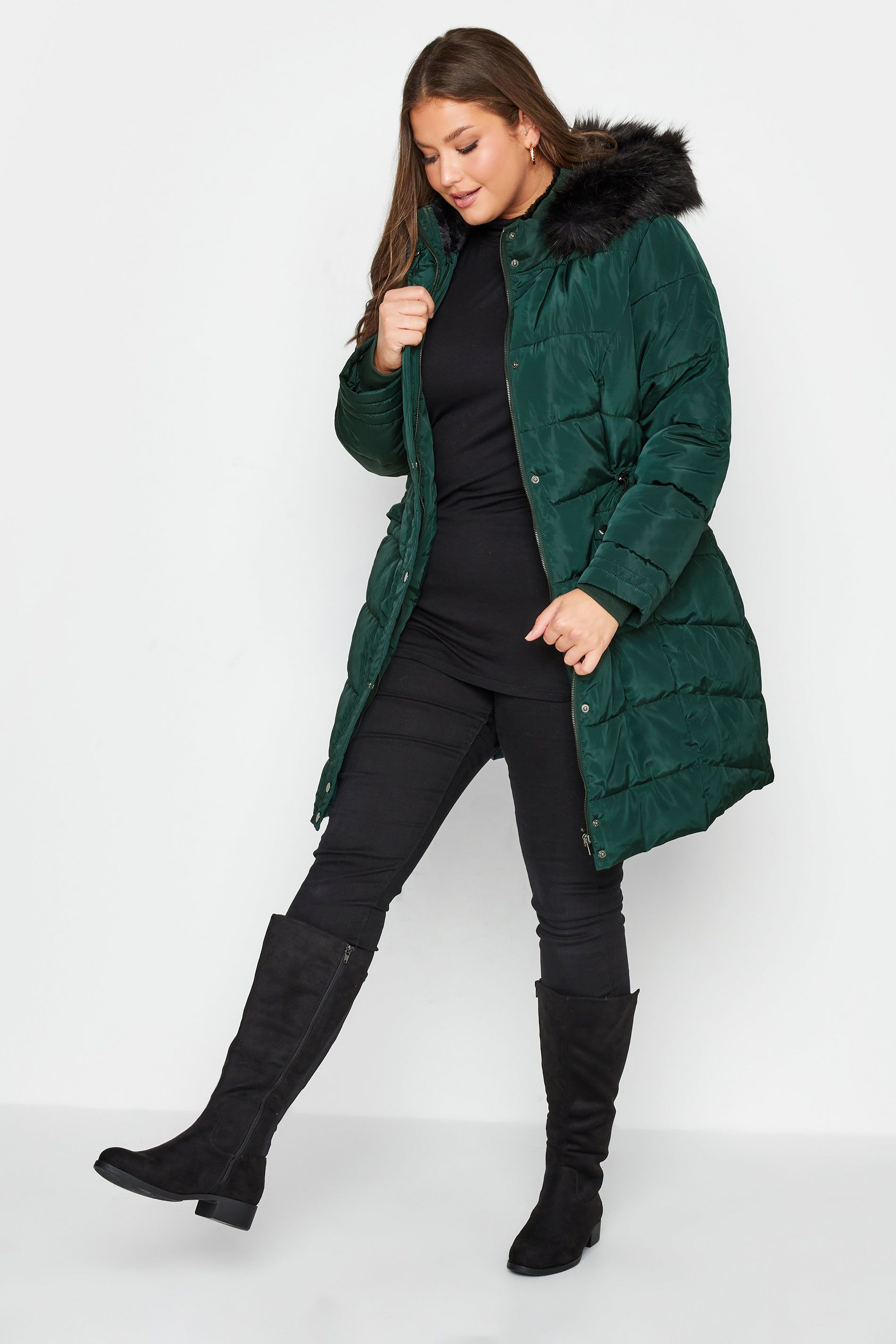 Plus Size Forest Green Panelled Puffer Midi Coat | Yours Clothing UK