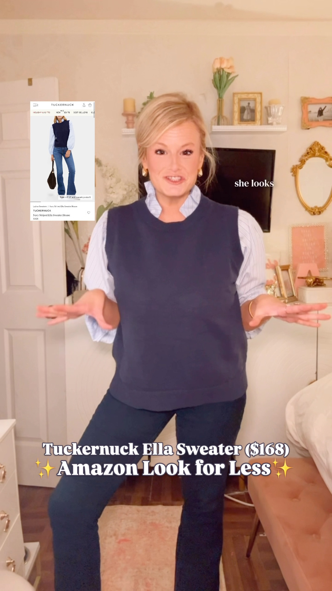 ✨ Tuckernuck Ella Sweater Look for Less • Preppy Winter Outfit • Amazon Sweater Review ✨

If you’ve been eyeing the $168 Tuckernuck Ella Sweater — the striped-sleeve, layered-look, preppy classic … and it is GOOD. 🤌✨

I’m in the Large and the fit is perfection: polished, structured, preppy, flattering, and shockingly similar to the original. The layered striped sleeve + sweater vest combo is built in, so you get that elevated Tuckernuck aesthetic without the bulk (or the price tag).

✨ What makes this an Elite Look for Less:
• the ONLY Ella-inspired sweater on Amazon
• stripe-sleeve + knit vest = identical designer aesthetic
• polished + preppy winter style
• perfect “office → holidays → weekend” piece
• Tuckernuck-coded silhouette for WAY less
• structured, clean, not boxy
• instantly makes every outfit look expensive

If you’re searching LTK for:
Tuckernuck look for less, Ella Sweater dupe, preppy winter outfits, striped sweaters, elevated basics, Amazon sweaters, designer look for less, New England prep style, classic winter layers, winter office outfits, viral Amazon fashion — this one belongs at the top of your list.

It’s polished. Timeless. Preppy.
And truly the closest match to the designer version you’ll find anywhere.

Everything is linked here 🫶✨

#Tuckernuck #LookForLess #PreppyStyle #DesignerDupes  #AmazonFashionFinds #StripedSweater #EllaSweater #DesignerStyleForLess #ClassicStyle #NewEnglandPrep #LTKHoliday

#LTKOver40 #LTKFindsUnder50 #LTKWorkwear