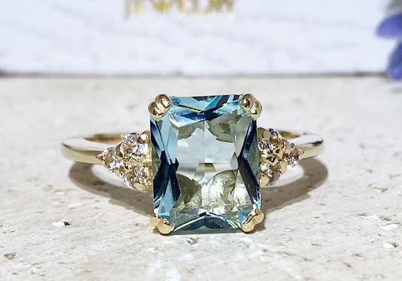 Aquamarine Ring - March Birthstone - Statement Ring - Gold Ring - Engagement Ring - Rectangle Rin... | Etsy (US)