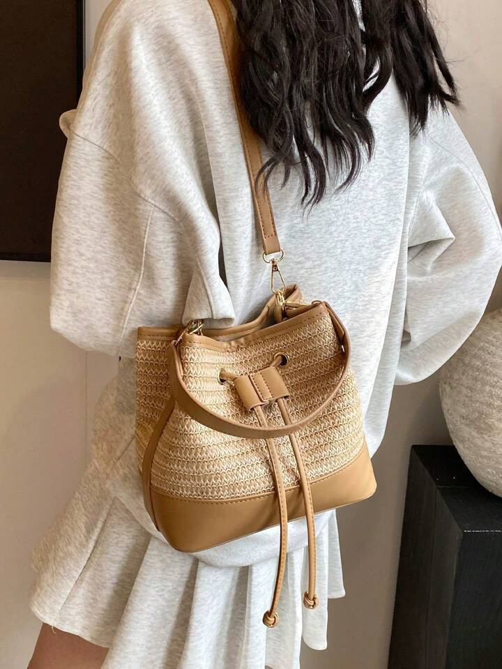 1 PC Casual Vacation Color Contrast Straw Bag Spliced PU Leather Beach Bag Drawstring Women's Han... | SHEIN