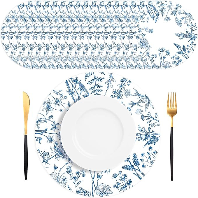 50 PCS Paper Placemats Disposable Vintage Blue Floral Placemats, 13.5 Inch Chinoiserie Round Tabl... | Amazon (US)