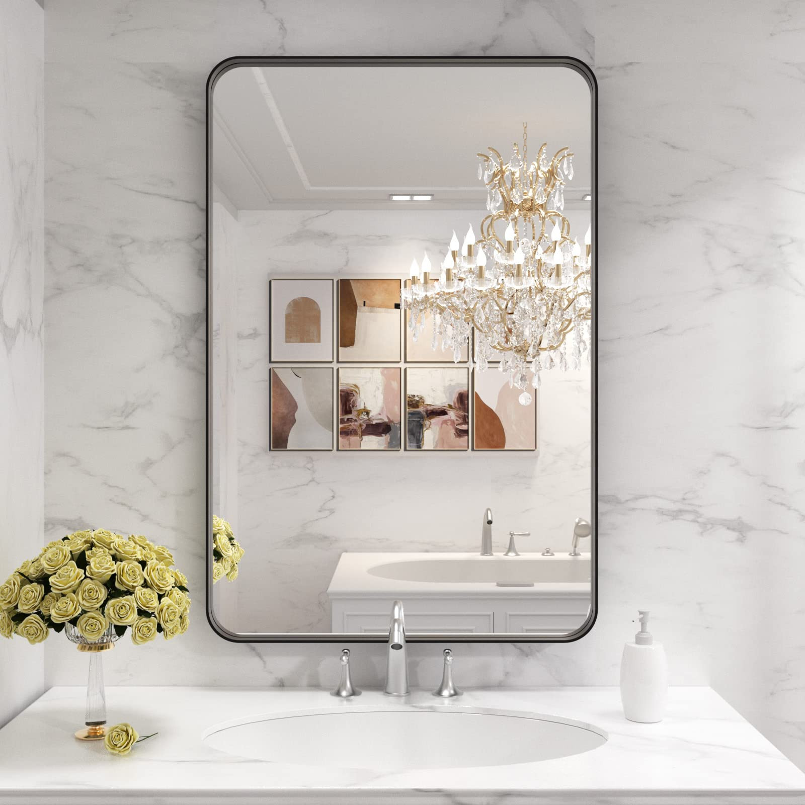 LOAAO Black Metal Framed Bathroom Mirror for Wall, 24X36 Inch Rounded Rectangle Mirror, Matte Bla... | Amazon (US)
