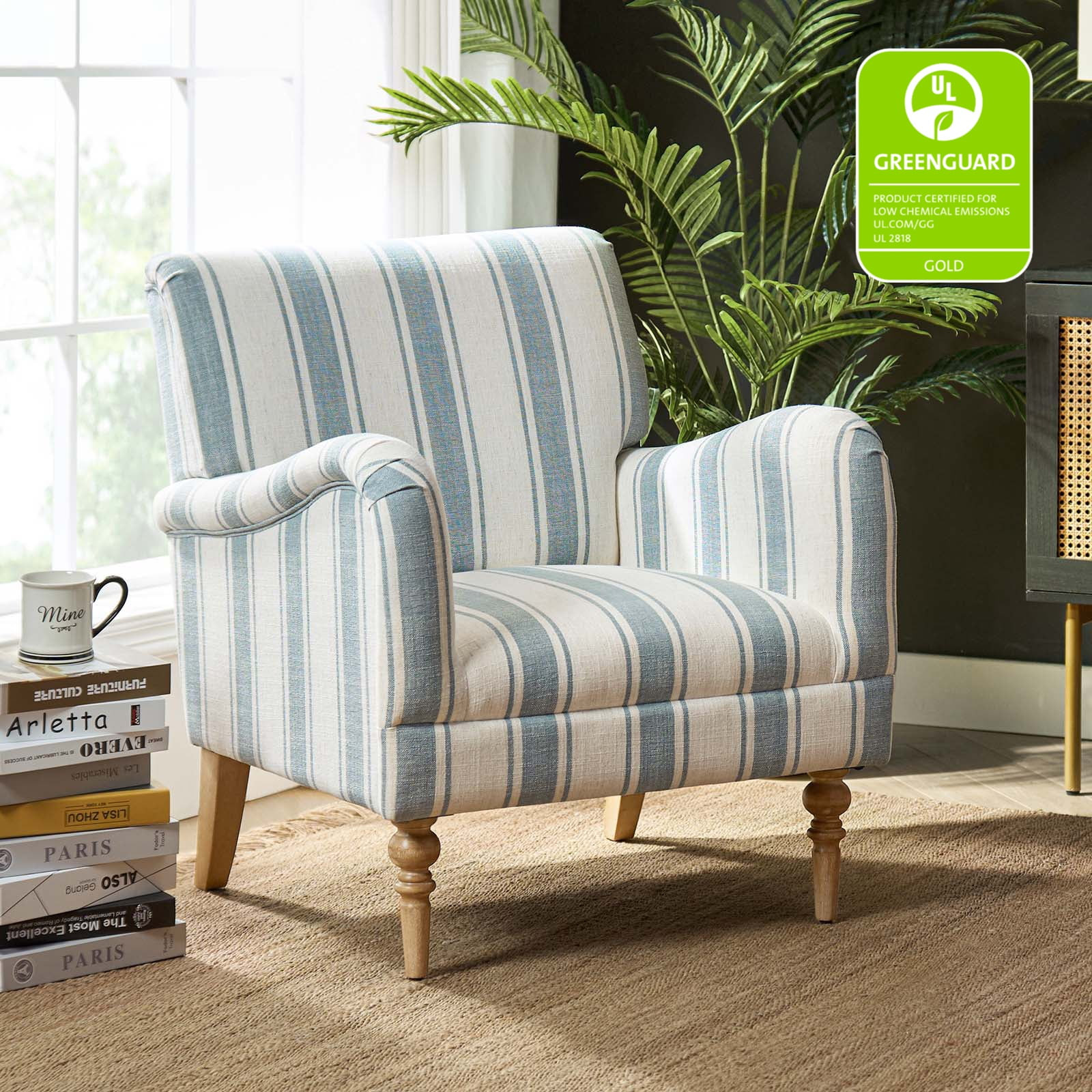 Stripe Armchair Upholstered Wooden Legs Accent Chair for Home Living Room Bedroom Adult Blue Stri... | Walmart (US)