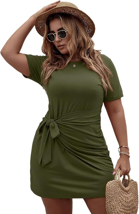 MakeMeChic Women's Plus Size Tie Front Wrap High Waist Short Sleeve T Shirt Summer Dress | Amazon (US)