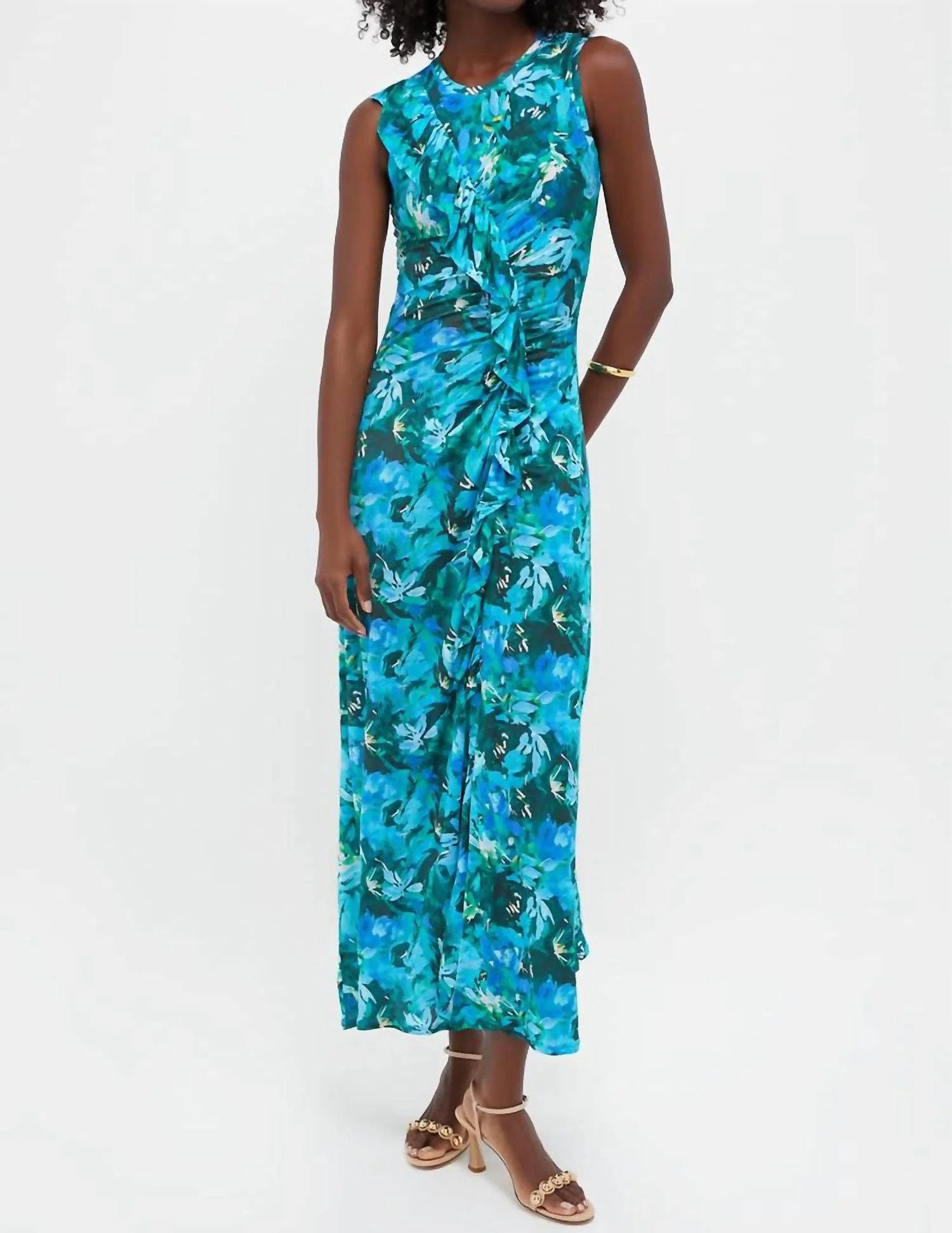 Elise Sleeveless Floral Ruffle Dress In Azul | Shop Simon