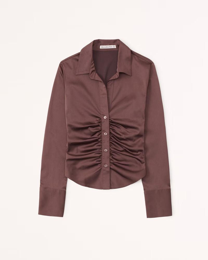Women's Long-Sleeve Satin Ruched Button-Up Shirt | Women's Tops | Abercrombie.com | Abercrombie & Fitch (US)