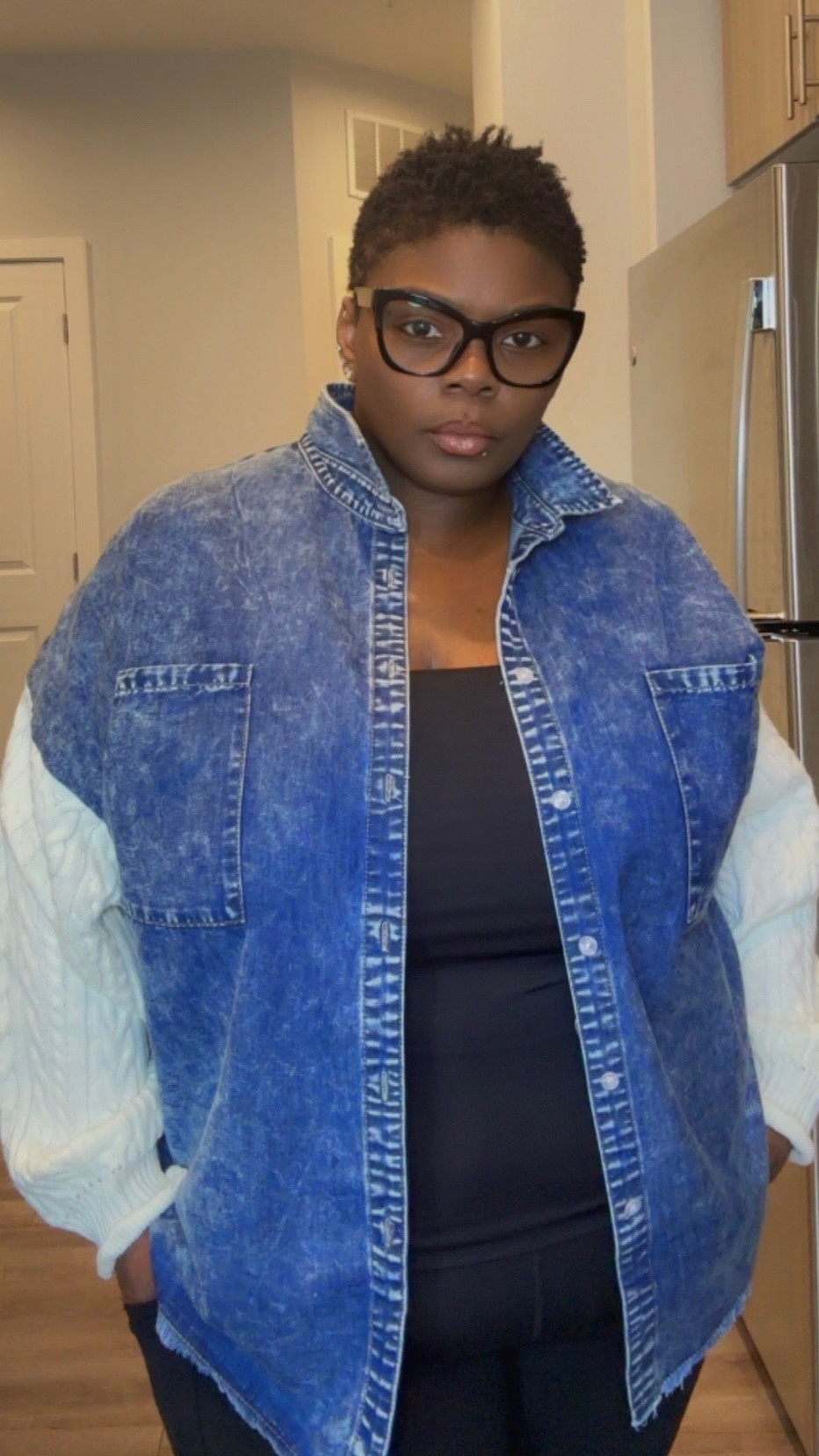Denim jacket with knit sweater sleeves. it’s the perfect fall shirt. #denimjackets #denim #plussize #plussizedenimoutfits #plussizefashion #fashionforplussize #curvygirlfashion 

#LTKOver40 #LTKPlusSize #LTKFindsUnder50