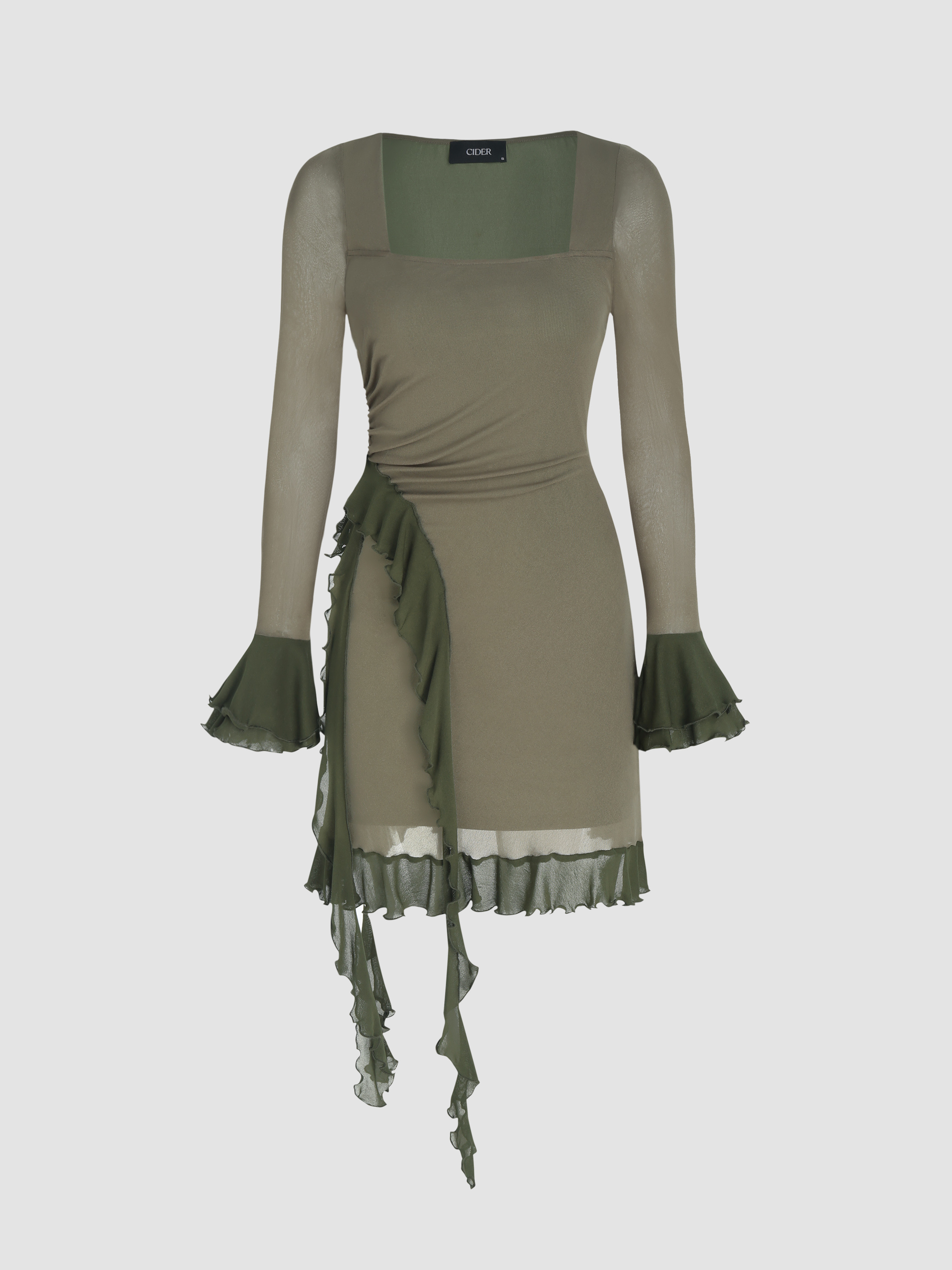 Mesh Mesh Square Neck Solid Ruffle Mini Dress For Coffee Shop Daily Casual Date | Cider