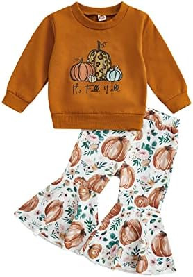 Baby Girl Halloween Outfit Pumpkin Pie Crewneck Sweatshirt Shirt Top Bell-Bottom Pants Sets Cute ... | Amazon (US)