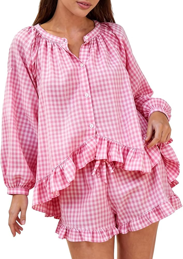 COZYPOIN Womens 2 Piece Gingham Pajama Set Y2K Plaid Cotton Long Sleeve Button Down Shirt and Ruf... | Amazon (US)