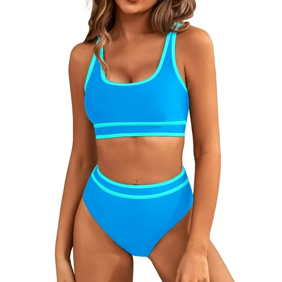 MOSHU High Waisted Womens Bikini Sets Sporty Two Piece Swimsuits for Women Color Block High Cut B... | Walmart (US)