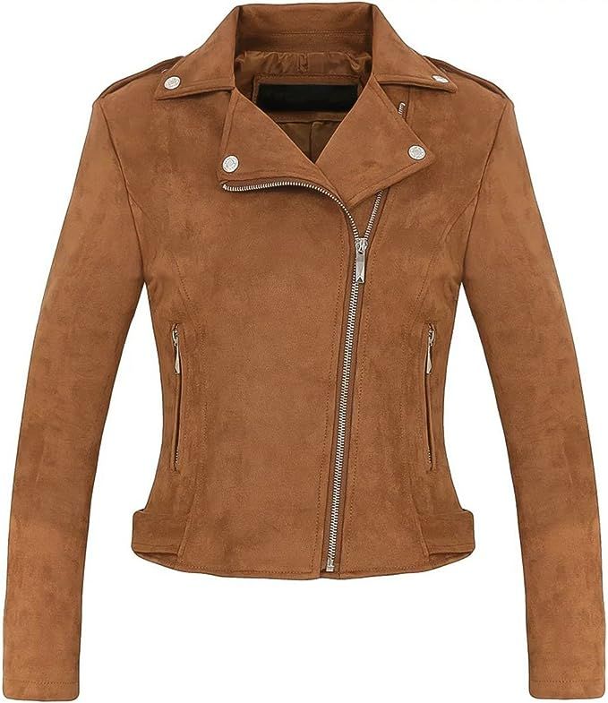 CHARTOU Women's Stylish Notched Collar Oblique Zip Suede Leather Moto Jacket | Amazon (US)