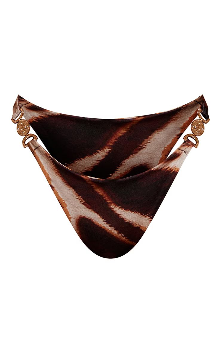 Brown Tiger Print Gold Trim Triangle Bikini Bottom | PrettyLittleThing US