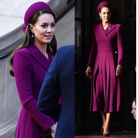 Kate wearing Emilia Wickstead pleated coatdress #burgundy #holiday  

#LTKeurope