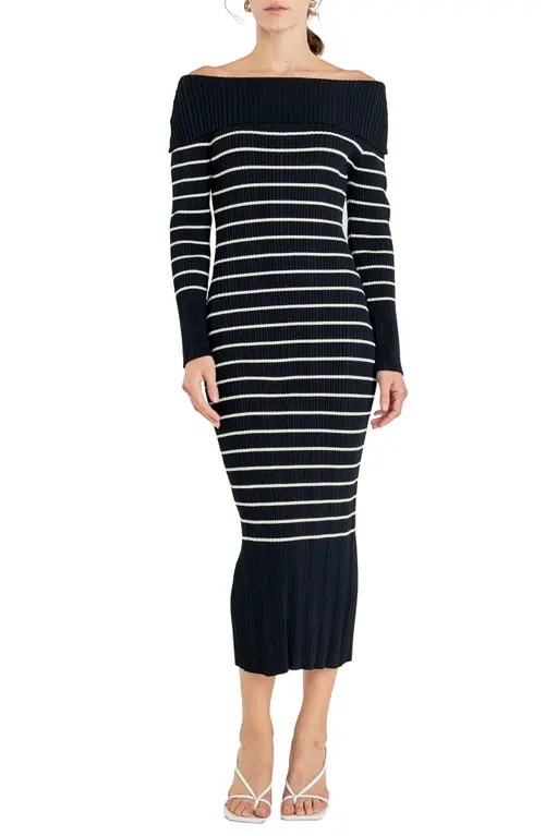 Endless Rose Stripe Off the Shoulder Long Sleeve Sweater Dress in Black Striped at Nordstrom, Size Small | Nordstrom