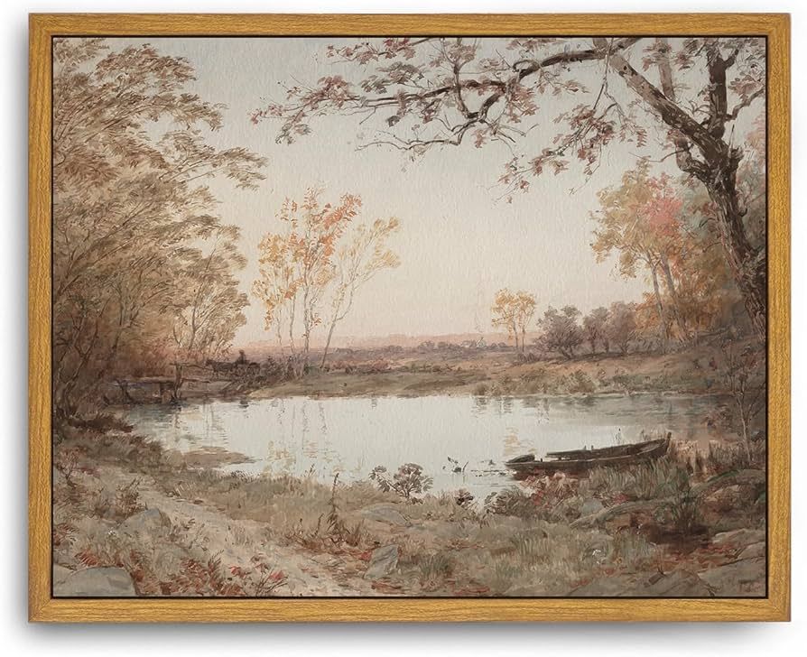 Roslynity Framed Canvas Wall Art Vintage Print Paintings Autumn Pond Landscape Nature Country Fal... | Amazon (US)