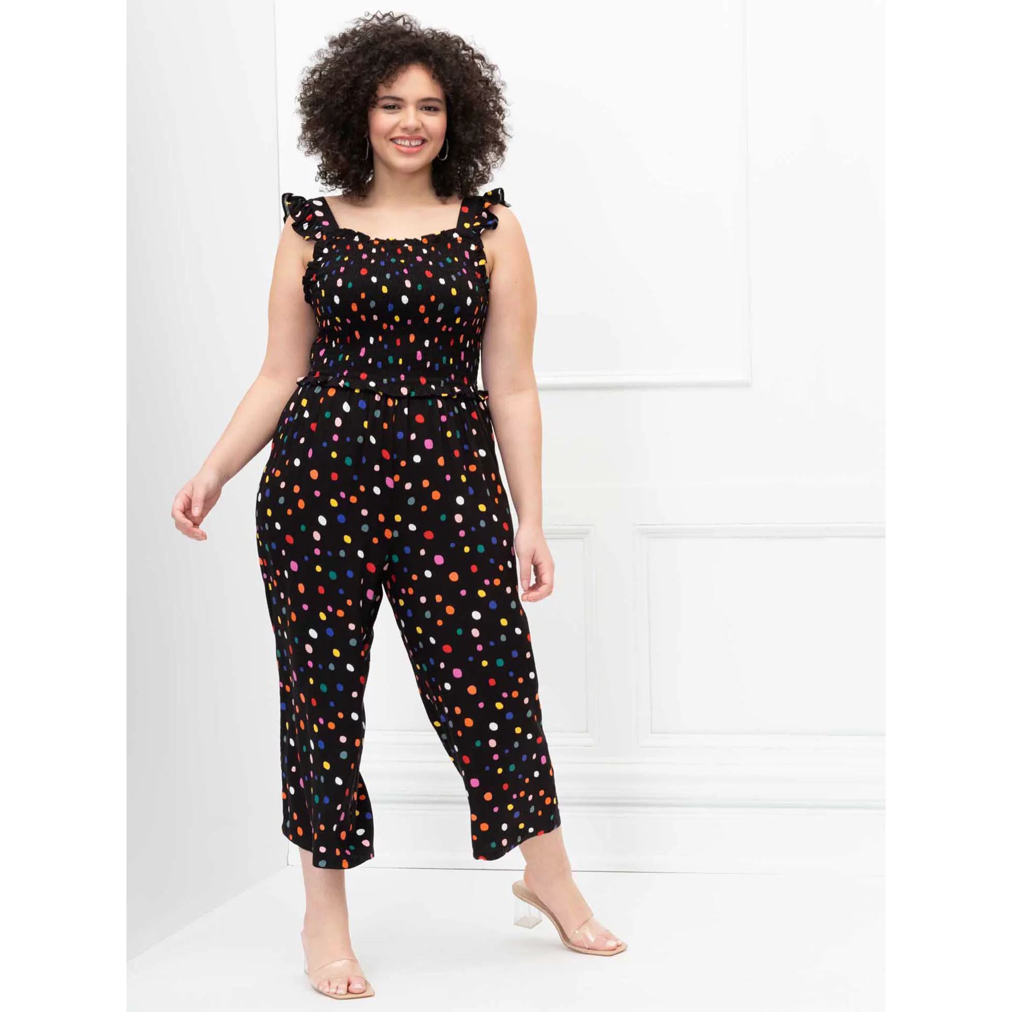 ELOQUII Elements Women's Plus Size Dot Print Smocked Cropped Jumpsuit | Walmart (US)