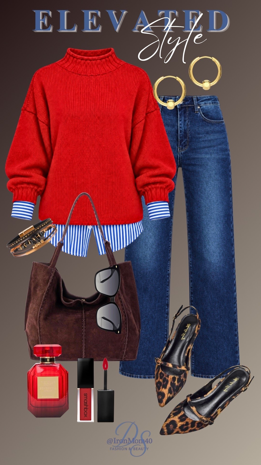 Elevated Fall Outfit with blue strip shirt over mock neck sweater, pretty jewelry and a great suede handbag and a pop of leopard with cute leopard sling back flats.

#LTKgrwm #LTKOver40 #LTKMidsize