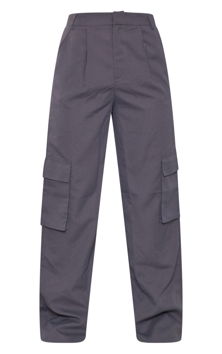 PRETTYLITTLETHING Charcoal Grey Badge Peachskin Utility Pants | PrettyLittleThing US
