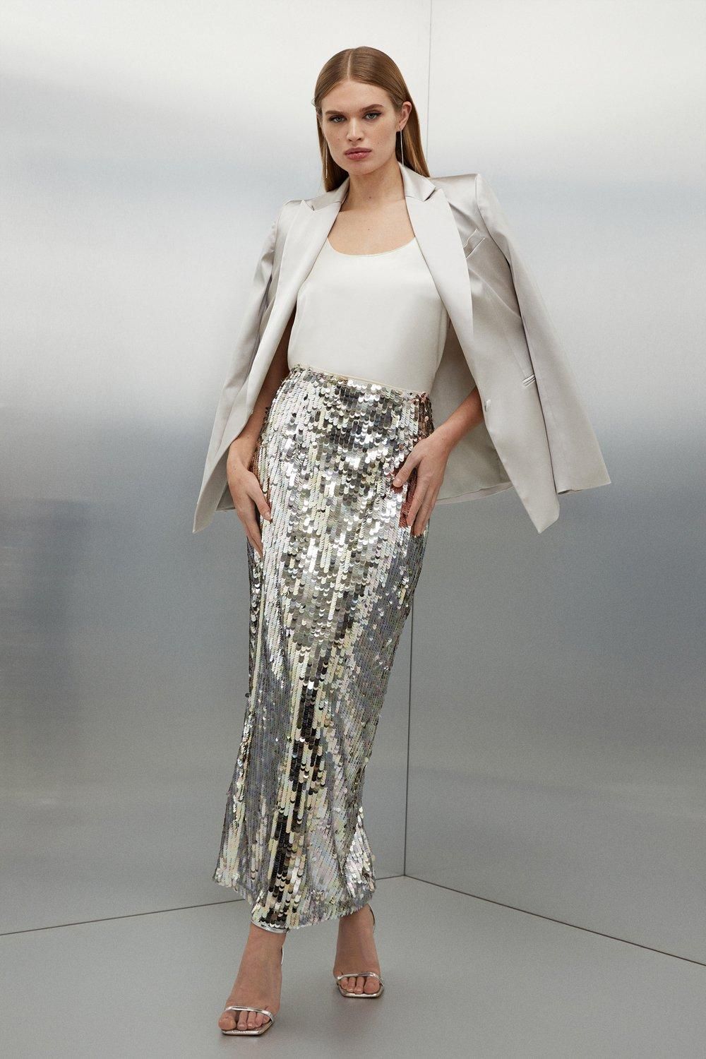 Petite Silver Sequin Woven Midaxi Skirt | Karen Millen UK + IE + DE + NL