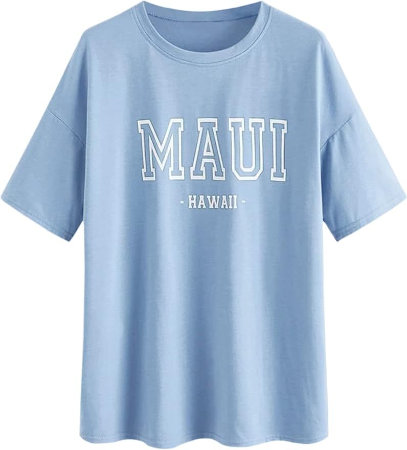 Meladyan Women Maui Letter Print Loose Fit Tshirts Drop Shoulder Short Sleeve Crew Neck Causal Te... | Amazon (US)