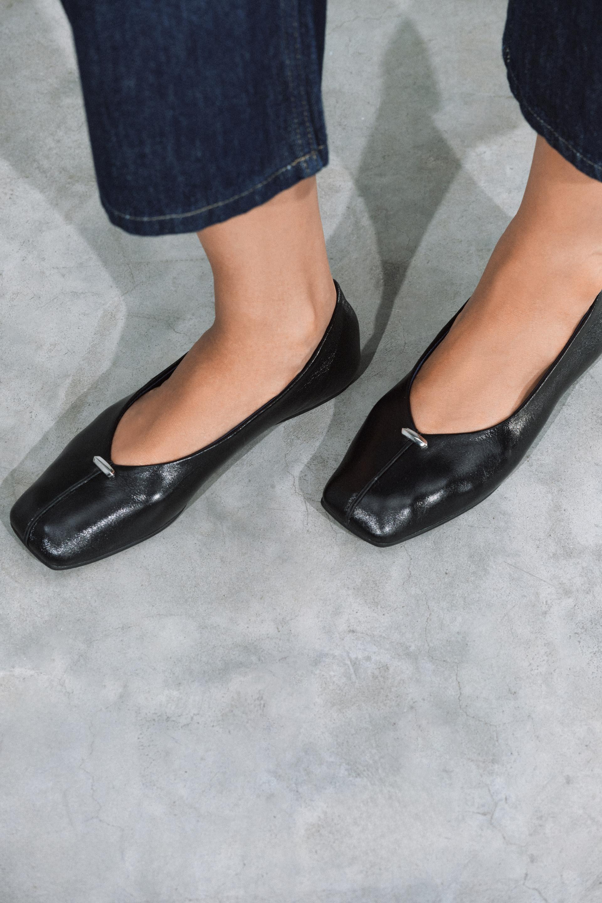 Zara - Leather Ballerinas With Metallic Detail - Black - 10 - Woman | Zara US