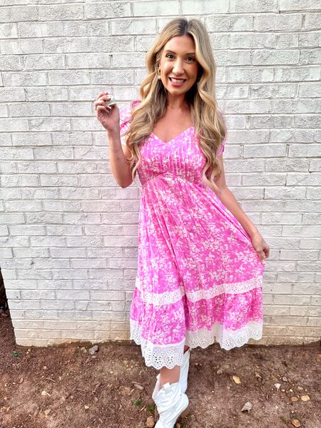 Pink Floral Pleated Eyelet Trim Midi Dress.  The most beautiful summer dress! This is from pink blush maternity can stretches so it can be warn during pregnancy and beyond 🤍💕

#LTKbump #LTKshoecrush #LTKsalealert