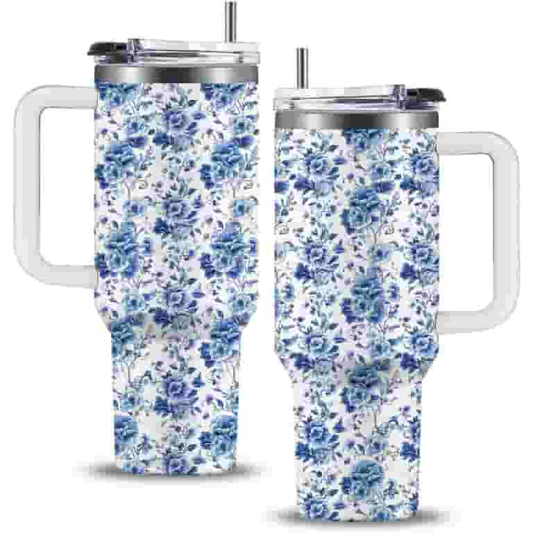 Blue Floral Boho Tumbler 40oz With Lid, Blue White Flowers Gifts, Flower Coffee Cup Gifts for Wom... | Walmart (US)