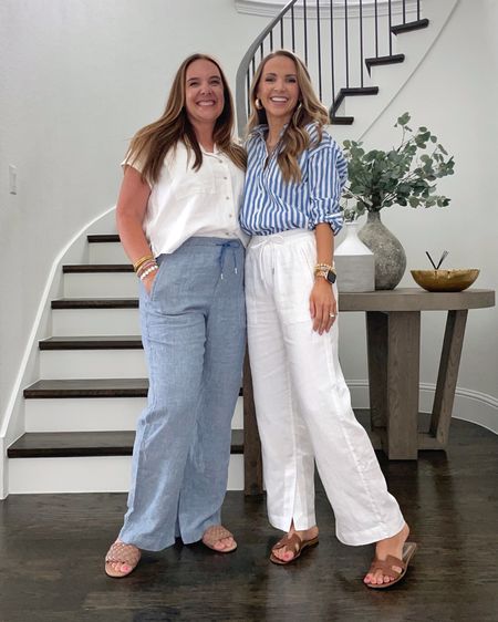 Button up shirt with wide leg linen pants for summer effortless chic look // wearing size 14 and 2 in @athleta pants, wearing size XXS in striped top (runs very big), wearing size L in white top 

#LTKunder100 #LTKstyletip #LTKSeasonal
