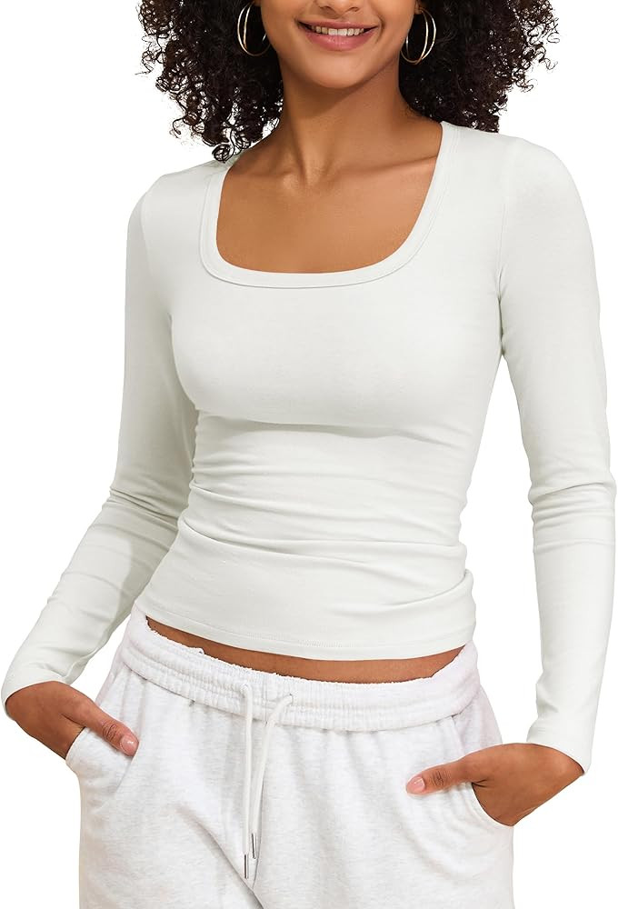 PrettyGuide Womens Cotton Square Neck Tops Slim Fit Long Sleeve Going Out Tops Fall Spring Casual... | Amazon (US)