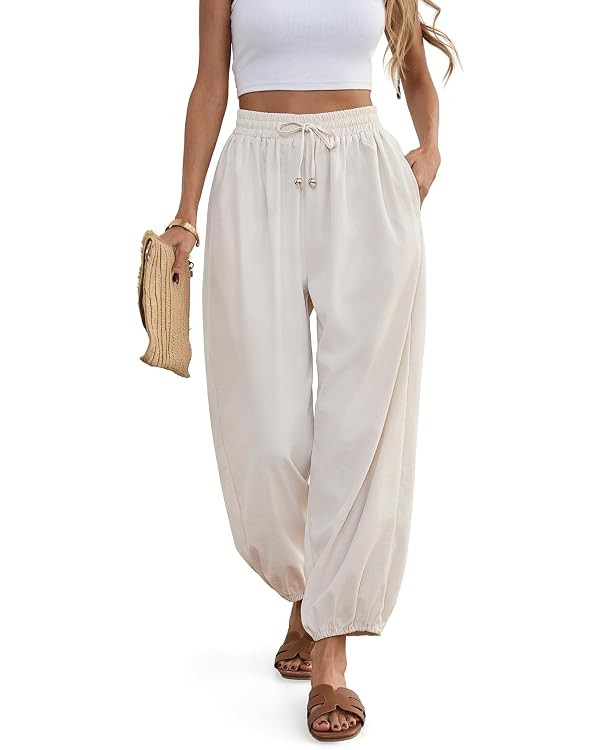 Womens Harem Pants Elastic Waist Wide Leg Palazzo Pant High Waisted Drawstring Balloon Trouser Pa... | Amazon (US)