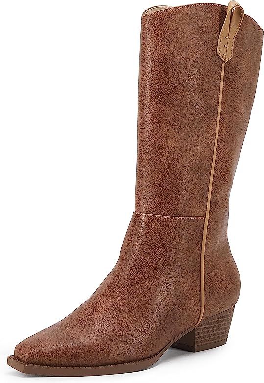 Womens Cowboy Mid Calf Western Boots Fashion Square Toe Low Stacked Heel Pull On Handle Cowgirl Boot | Amazon (US)